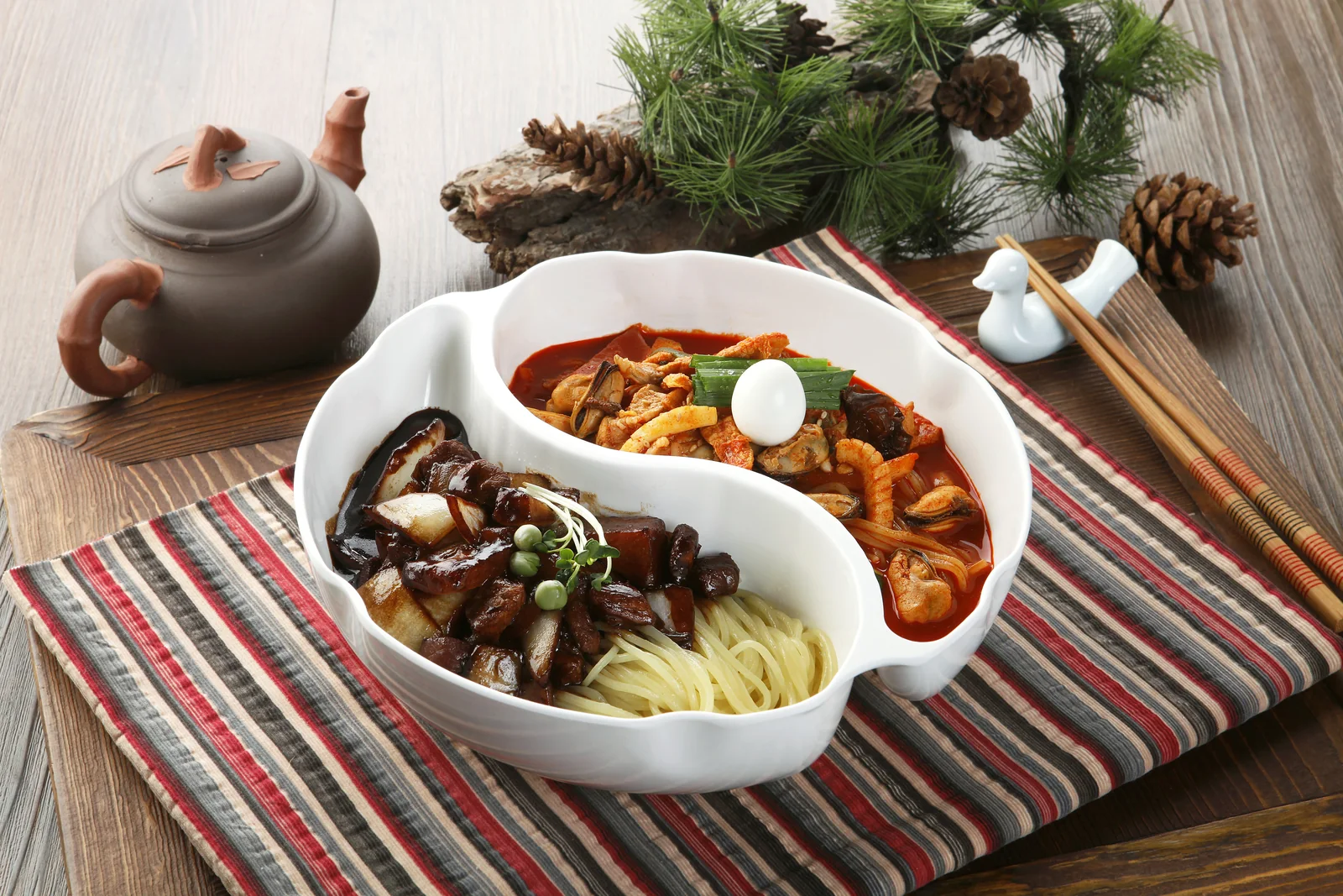 Jjamjjamyeon: half jjajang, half jjamppong in a split bowl