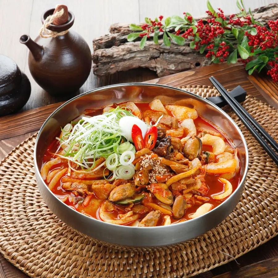 Sujebi Jjamppong, hand-torn dough in spicy seafood broth